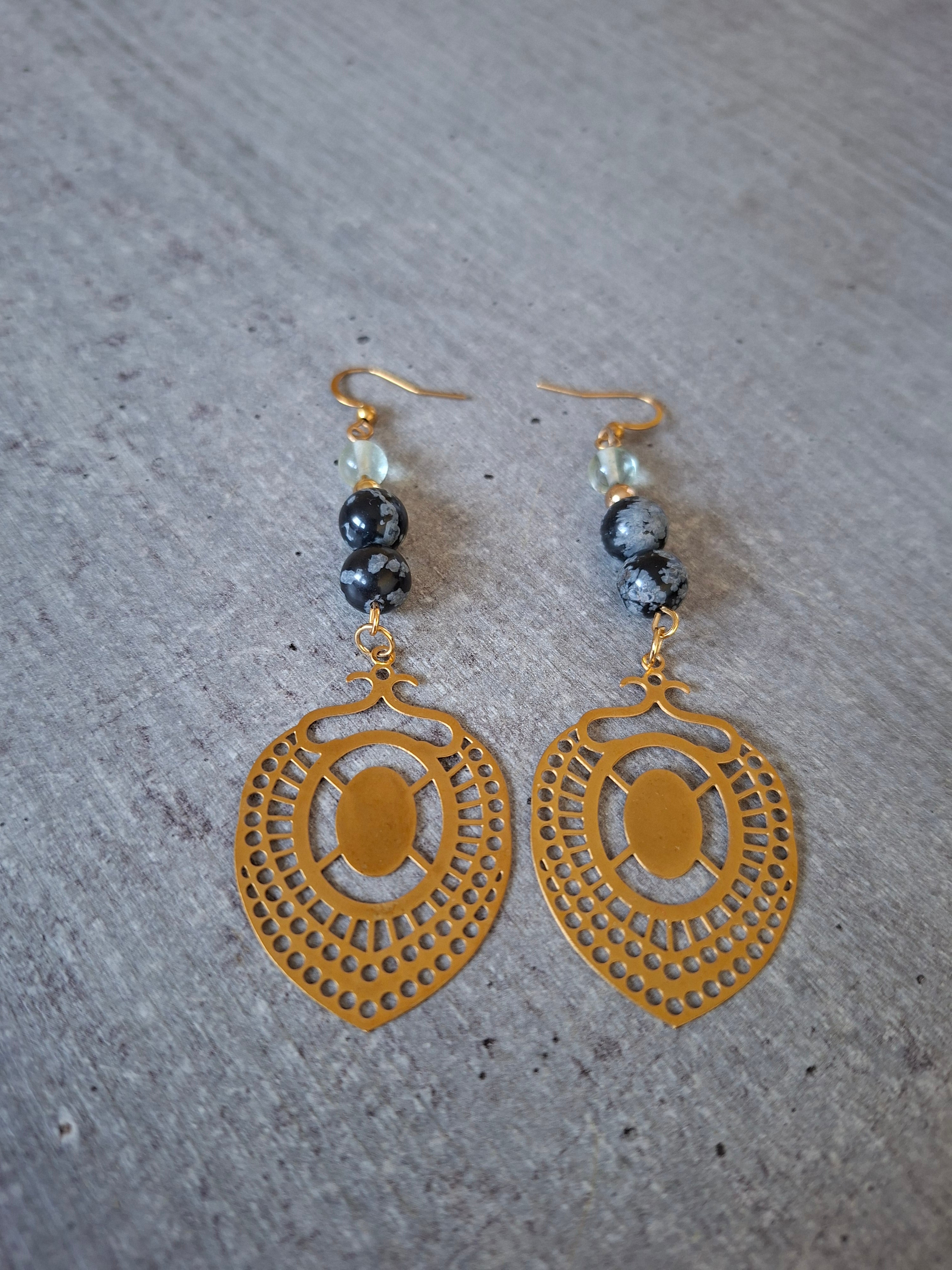 Boucles d'Oreilles Fluorite Verte et Obsidienne Flocon de Neige