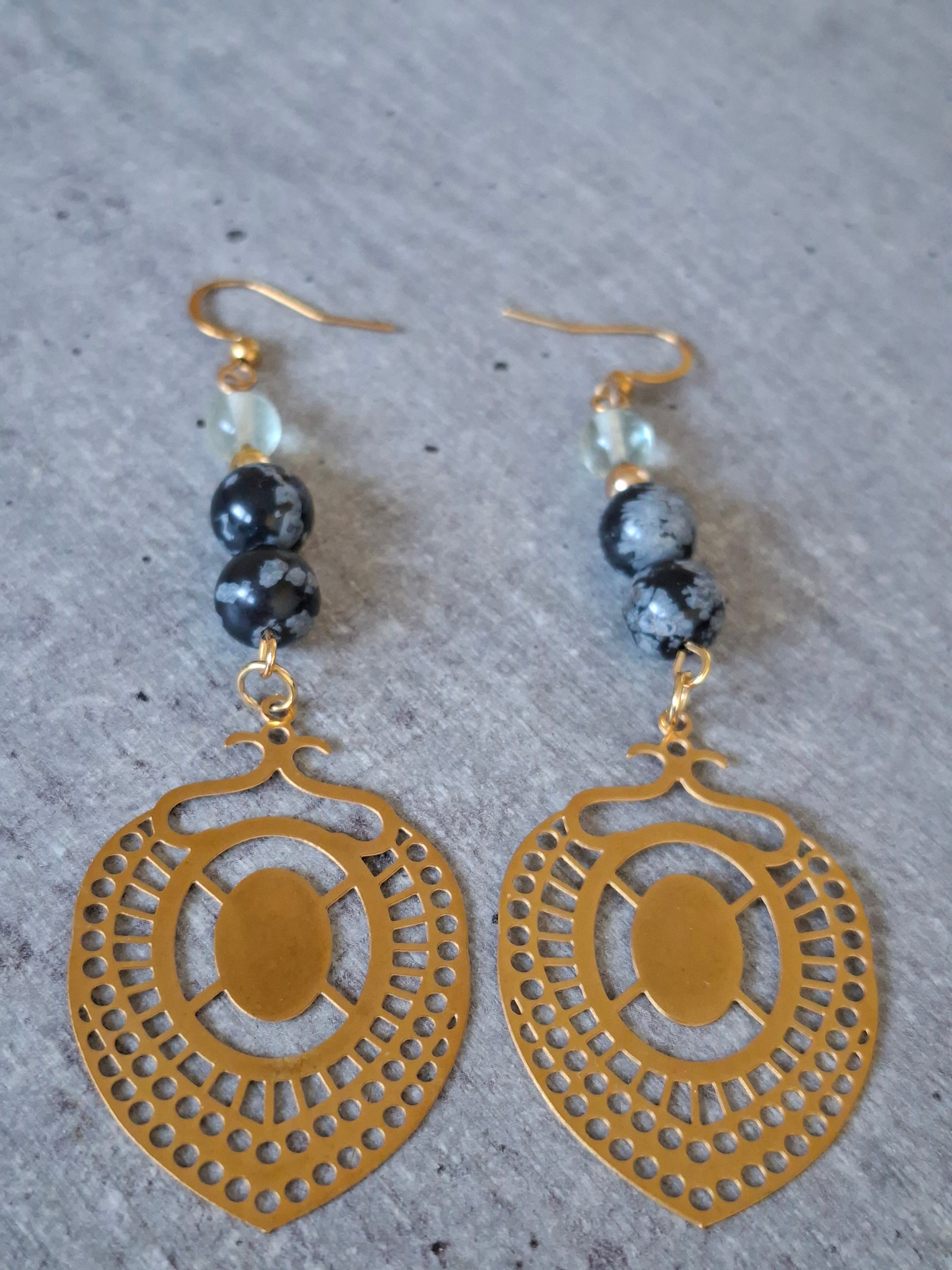 Boucles d'Oreilles Fluorite Verte et Obsidienne Flocon de Neige