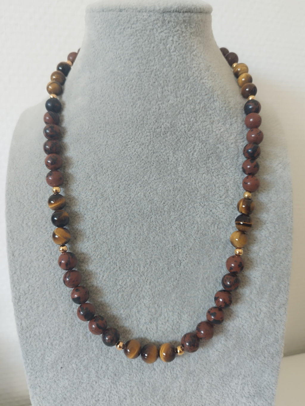 Collier oeil de tigre et obsidienne acajou