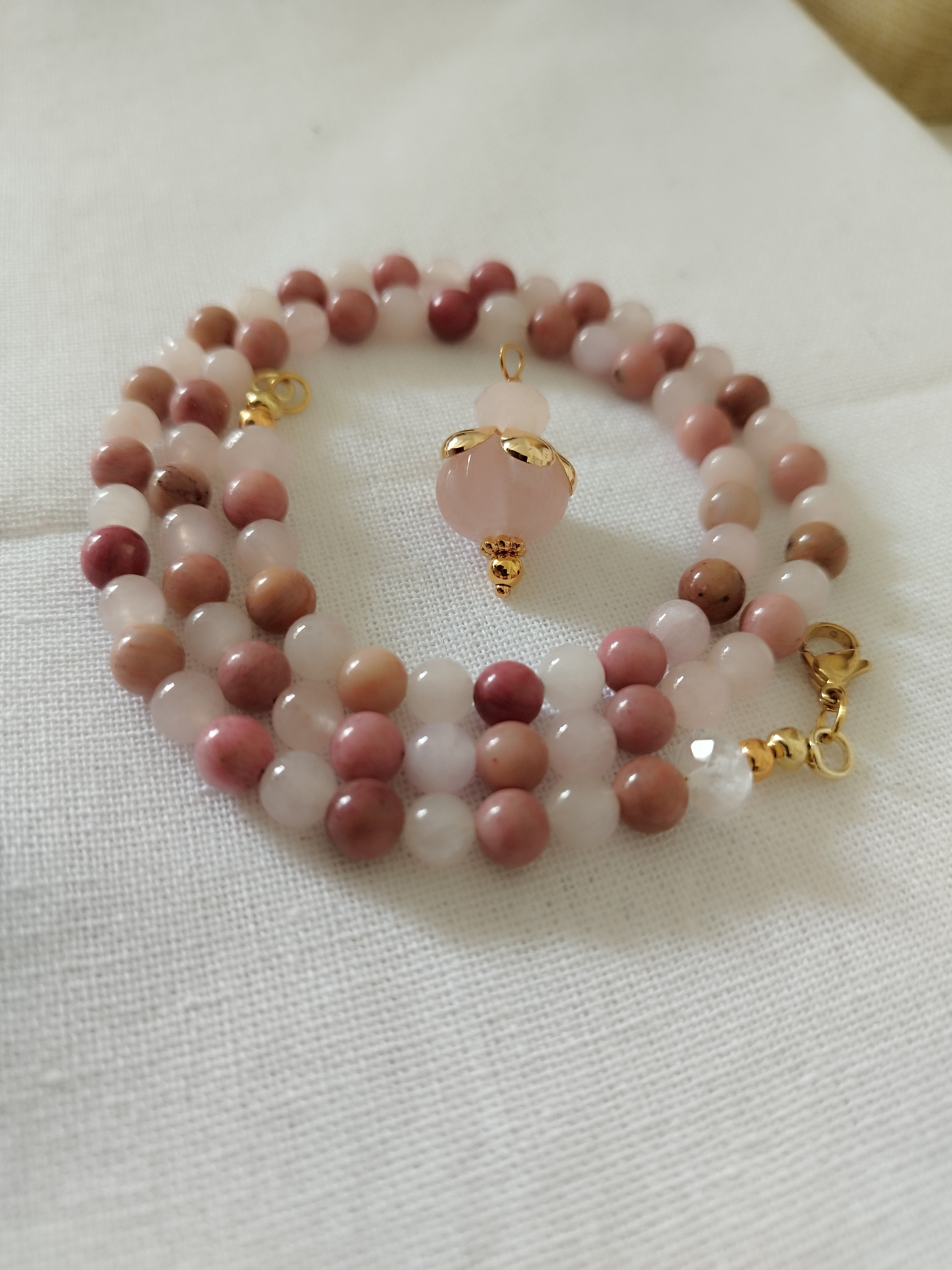 Collier Alma - Quartz Rose et Rhodonite
