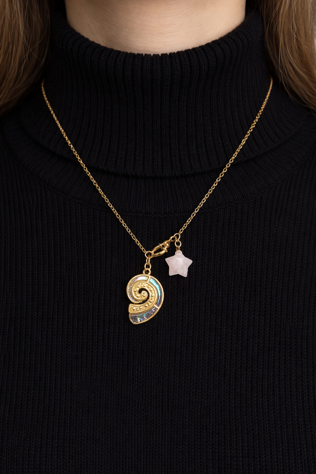 Collier Étoile Quartz Rose et Escargot - Douceur et Patience