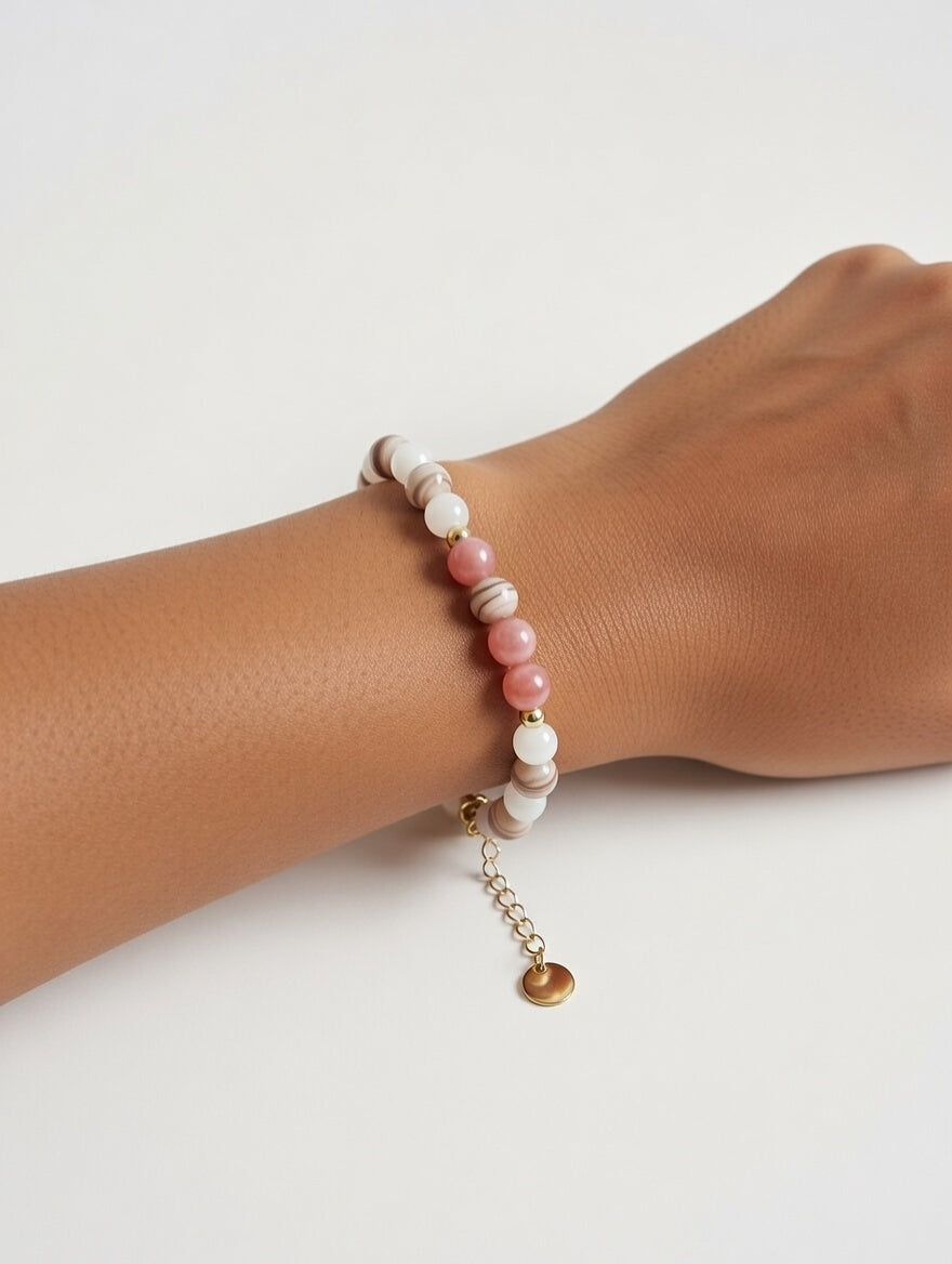 Bracelet Trio Quartz Rose, Rhodocrosite, Rhodonite - Triple Alliance du Cœur