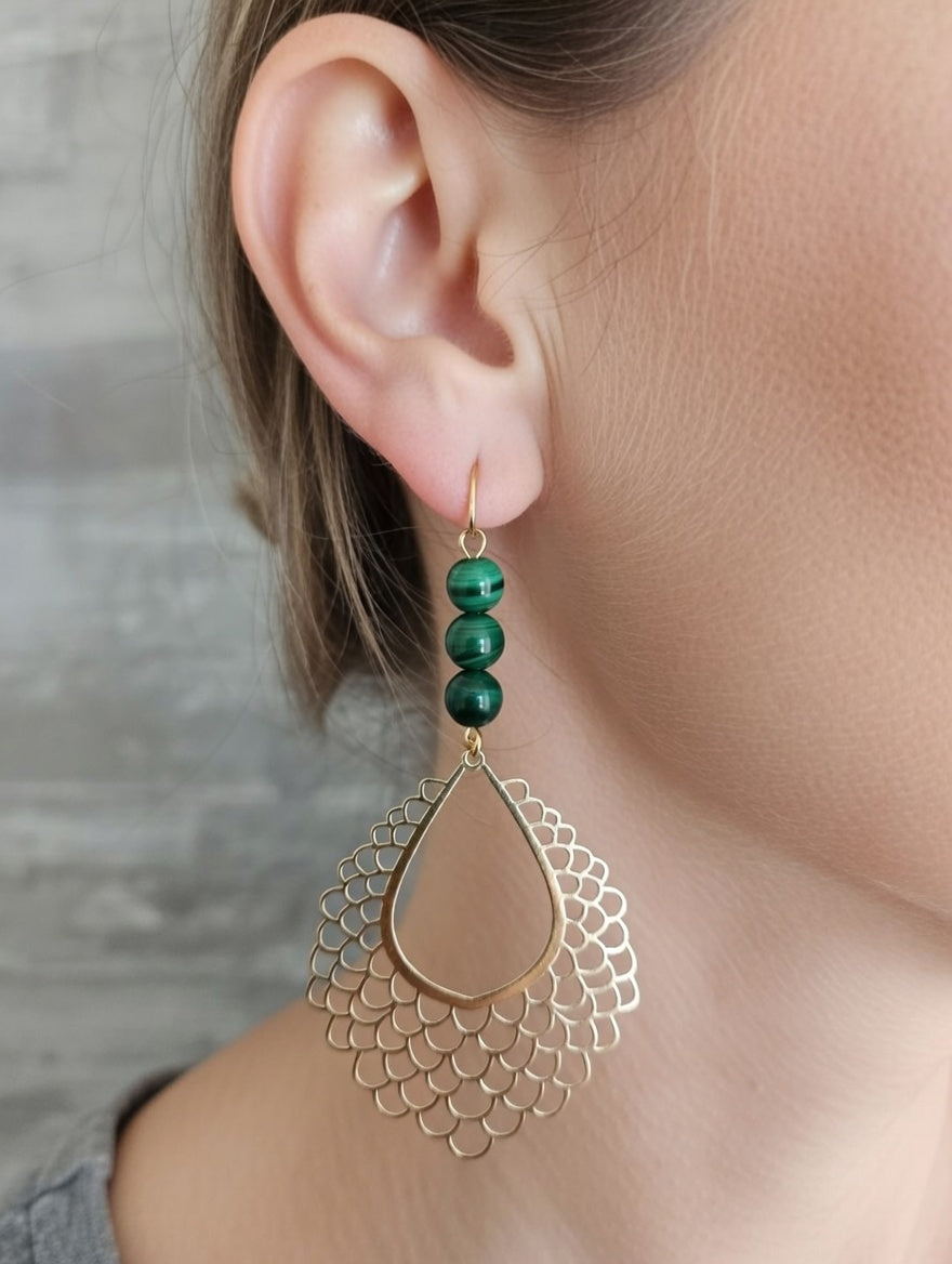 Boucles d'oreilles Malachite avec Estampes Dorées