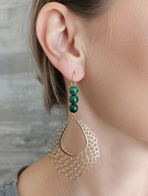 Boucles d'oreilles Malachite avec Estampes Dorées