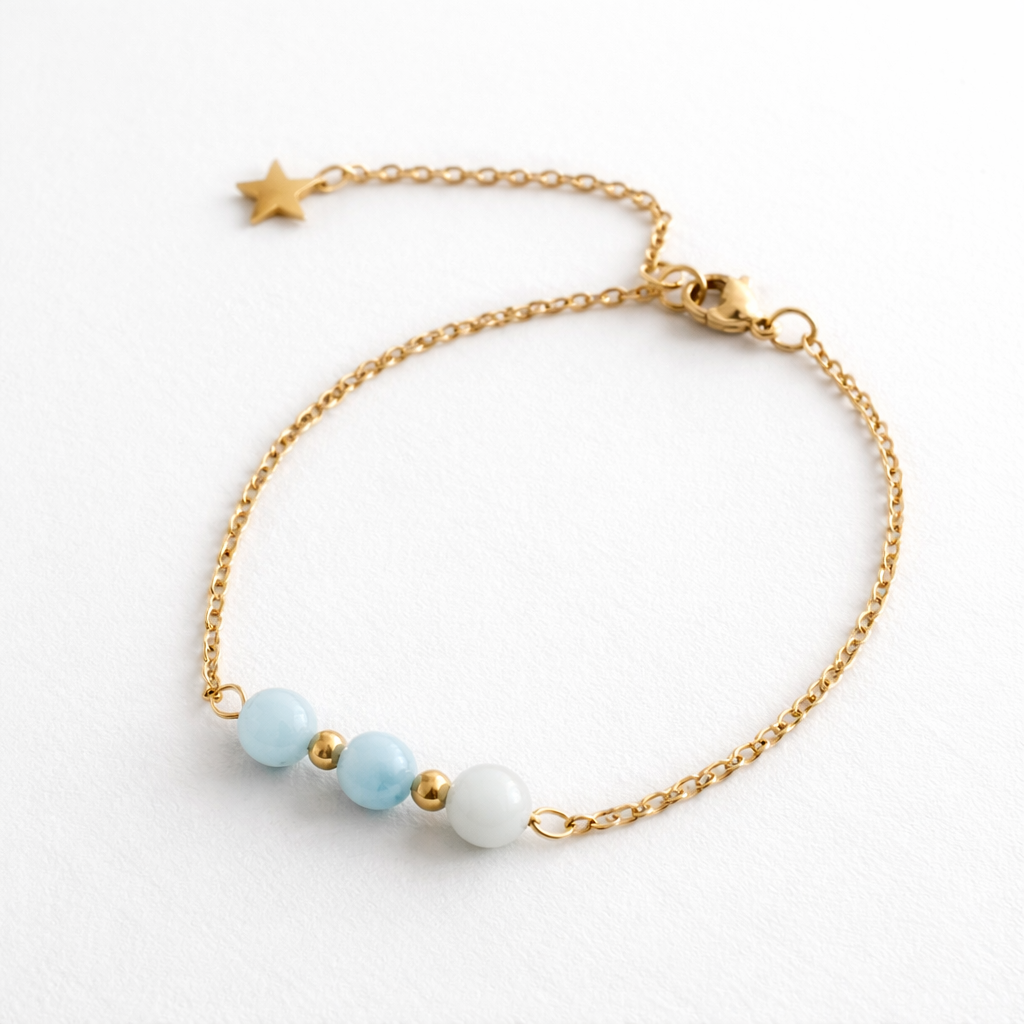 Bracelet en Aigue-Marine avec Chaîne Dorée