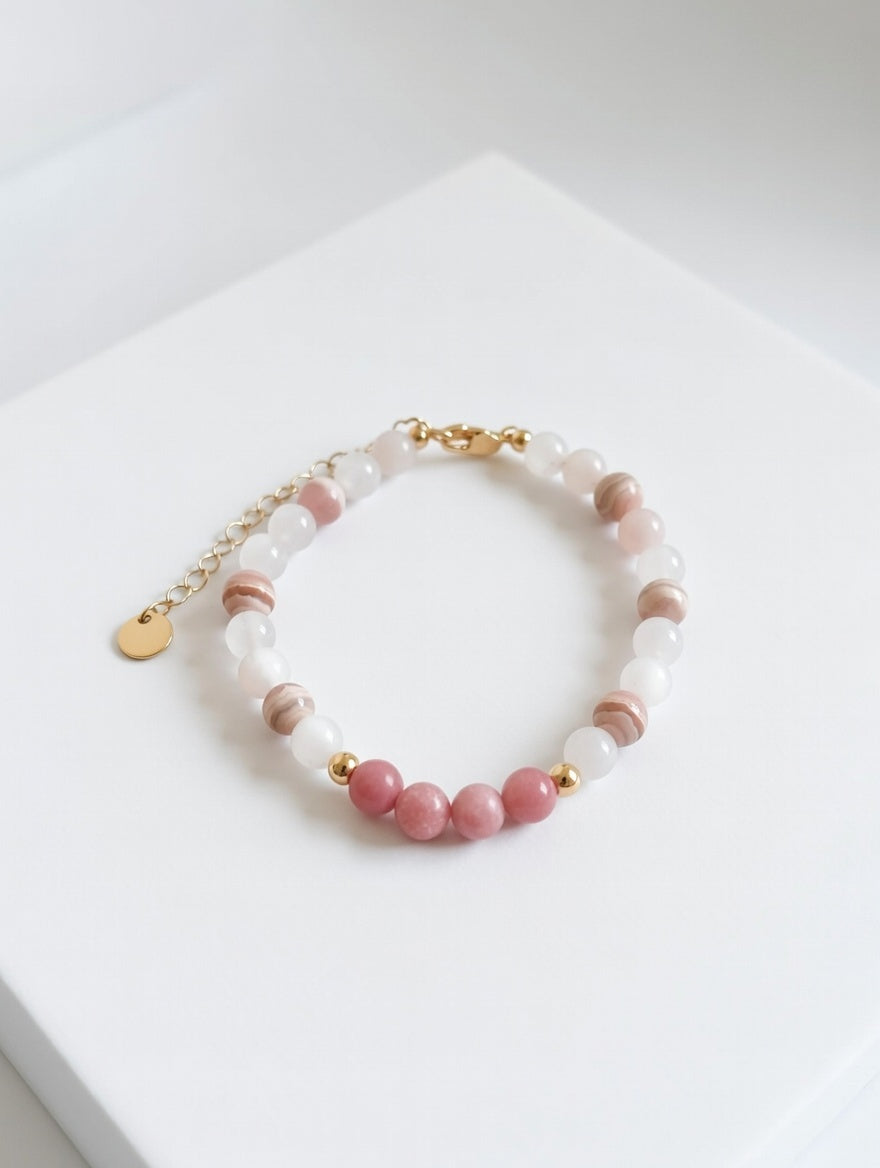 Bracelet Trio Quartz Rose, Rhodocrosite, Rhodonite - Triple Alliance du Cœur
