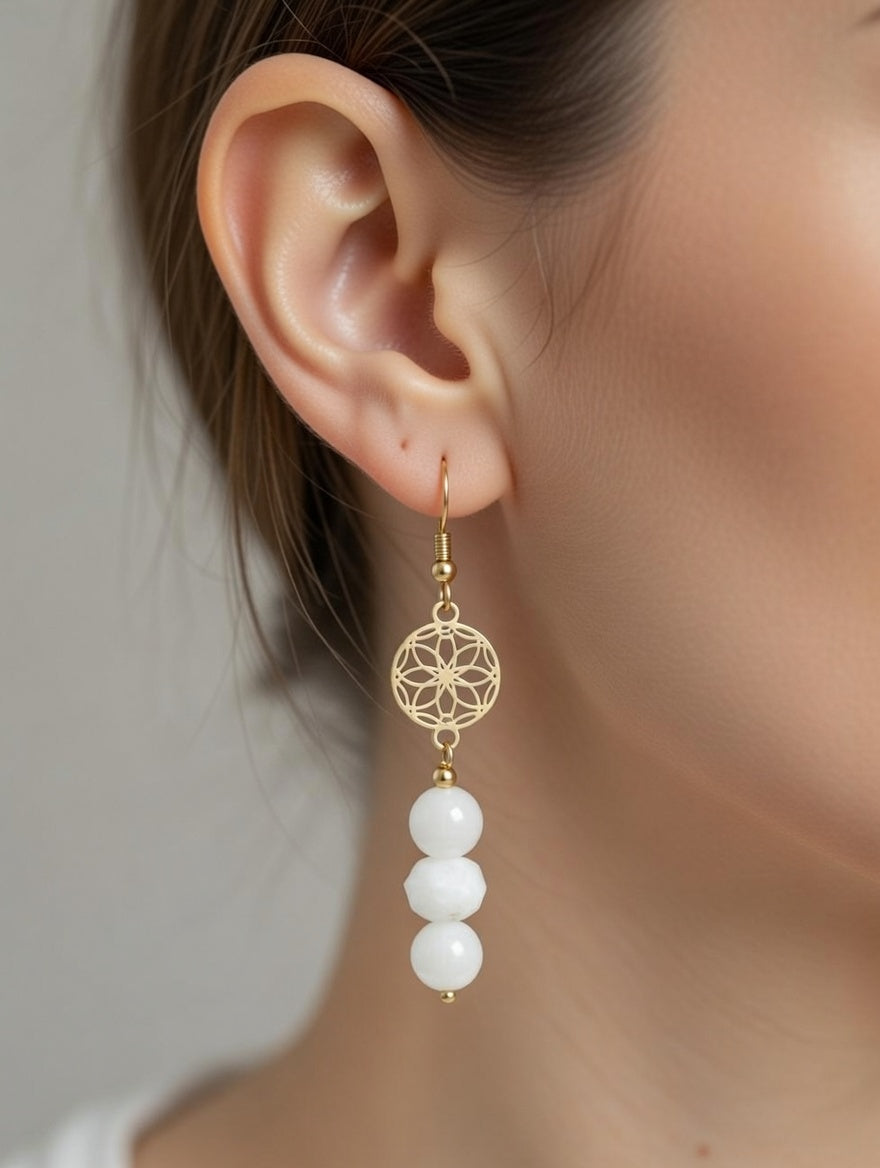Boucles d'Oreilles Pendantes Pierre de Lune
