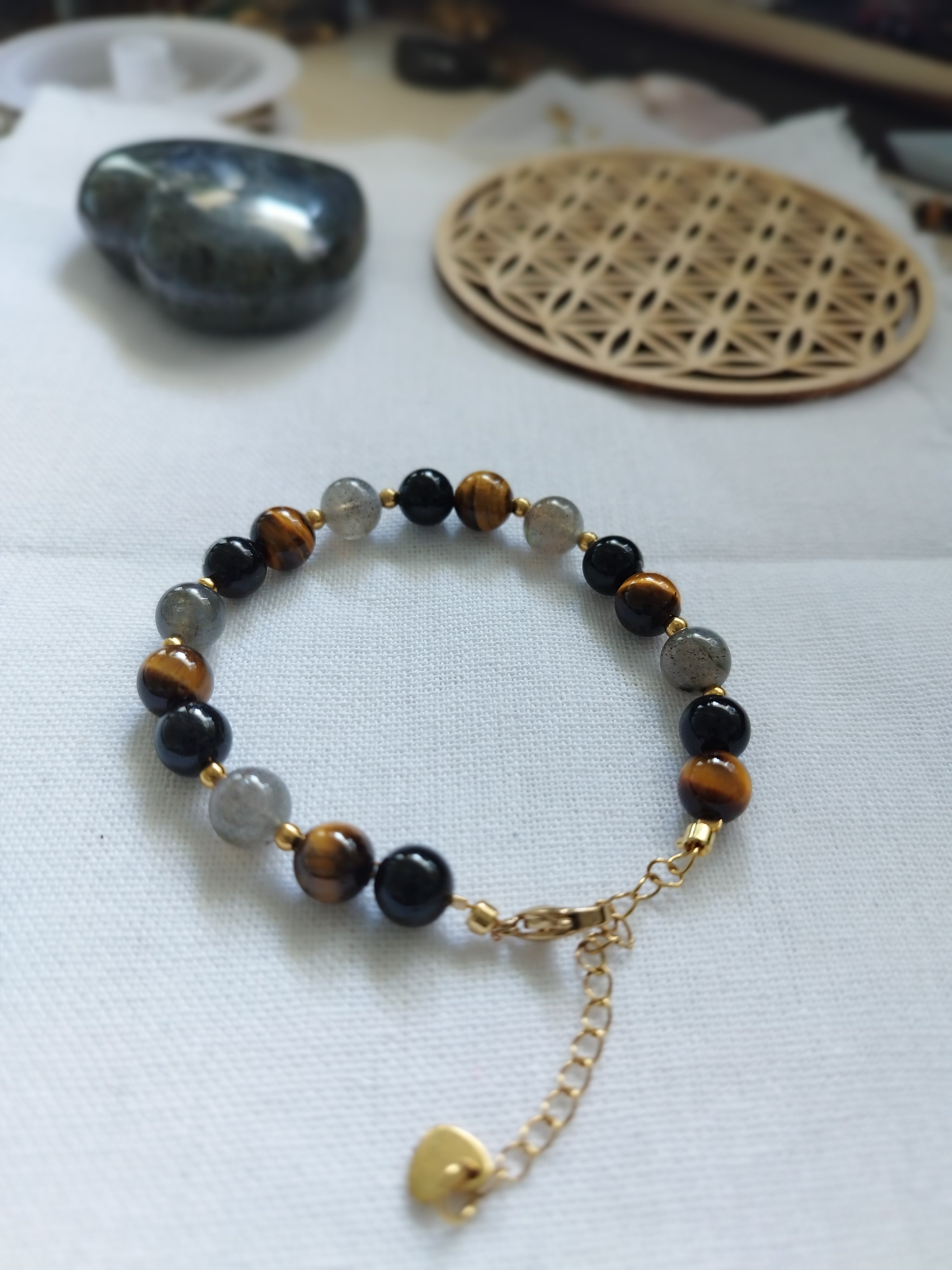 Bracelet Sentinelle - Tourmaline noire, Labradorite, Oeil de tigre