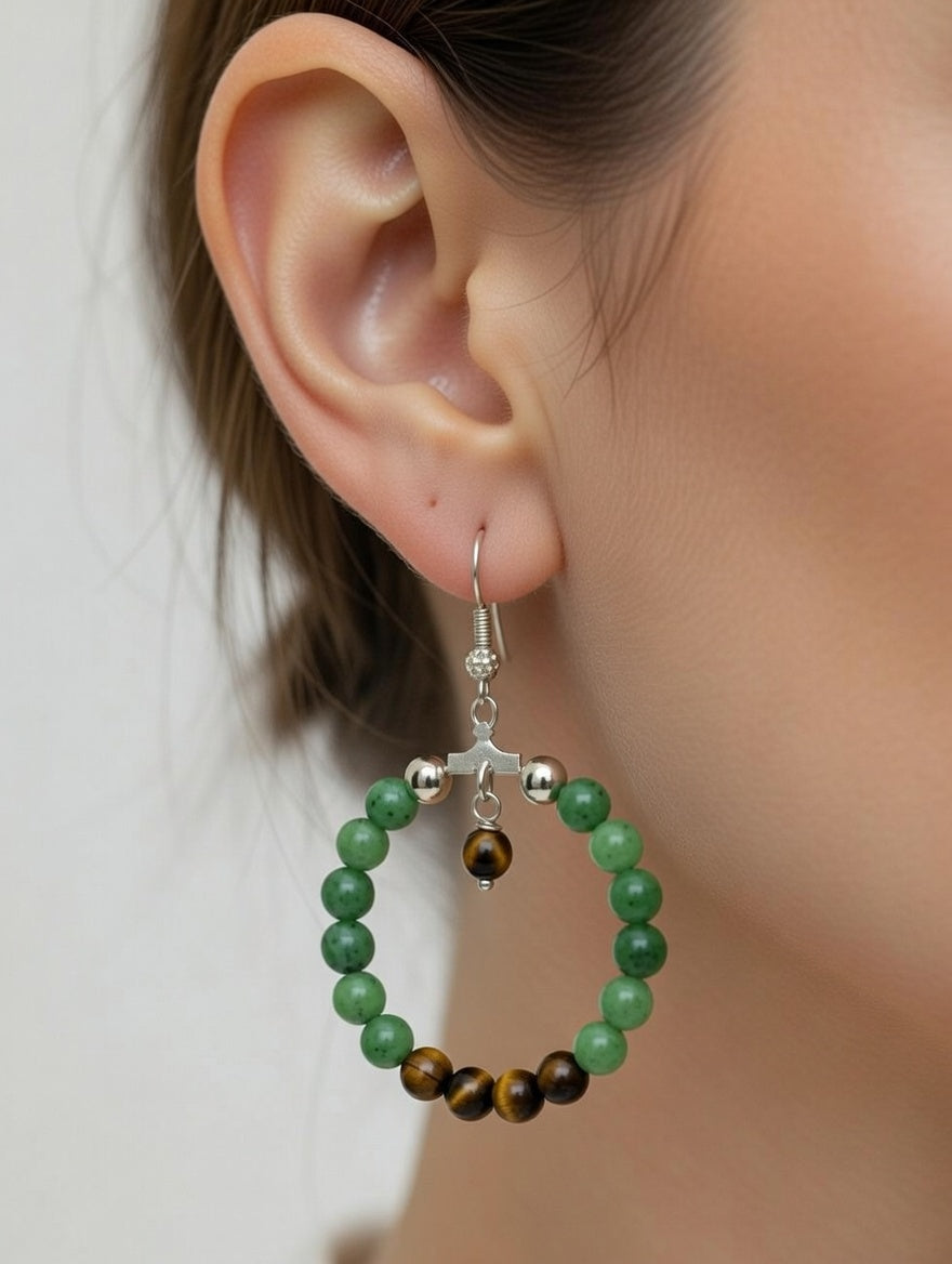 Créoles 40 mm Jade et Œil du Tigre