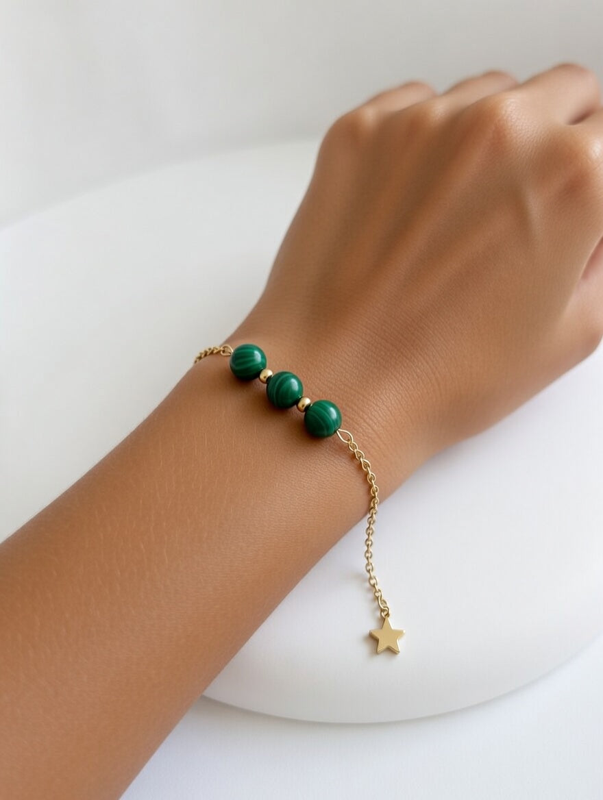 Bracelet en Malachite avec Chaîne Dorée