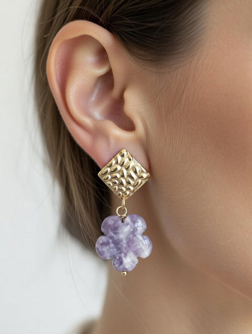 Boucles d'Oreilles Lépidolite Fleur et Estampe Dorée