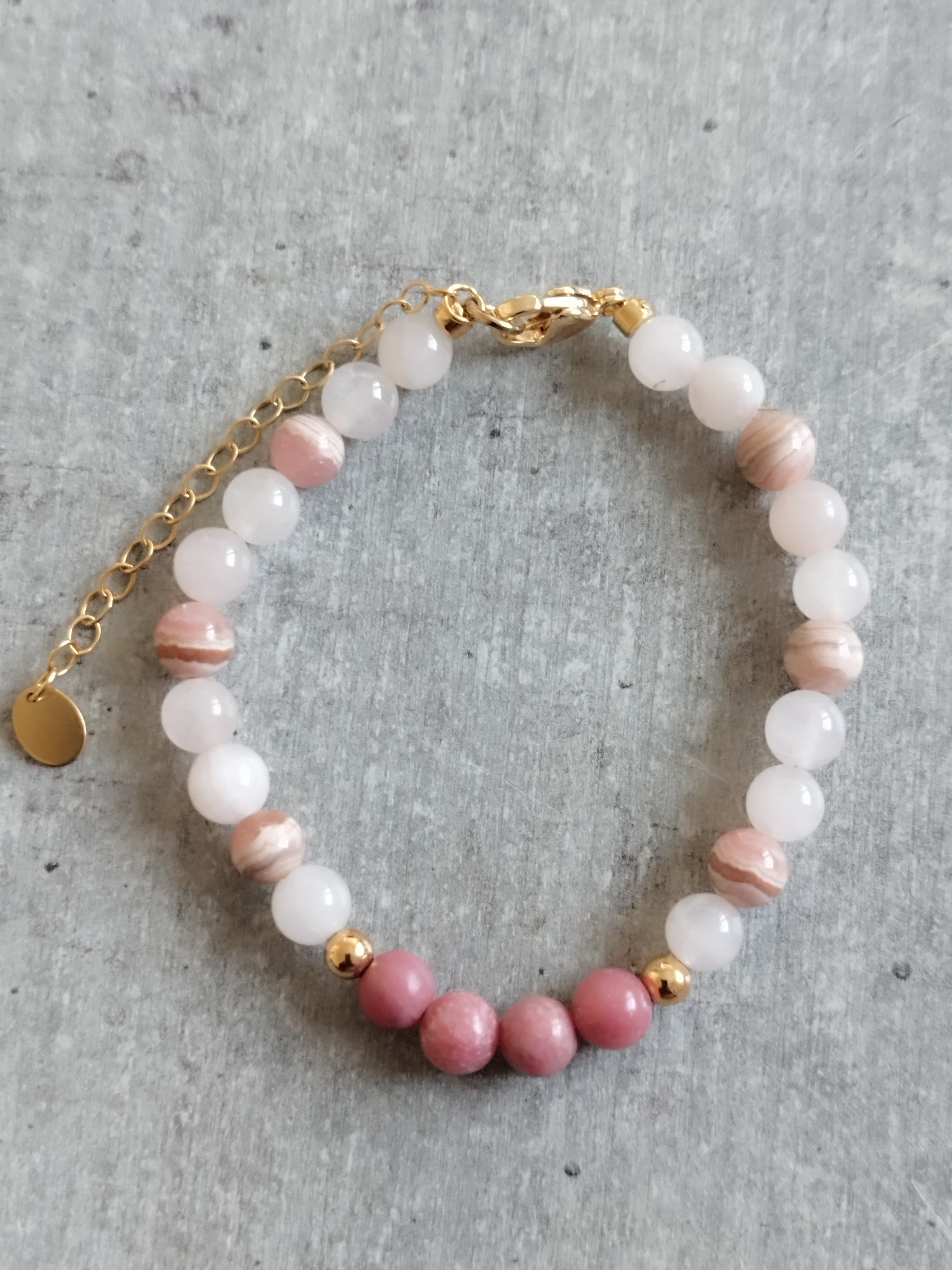 Bracelet Trio Quartz Rose, Rhodocrosite, Rhodonite - Triple Alliance du Cœur