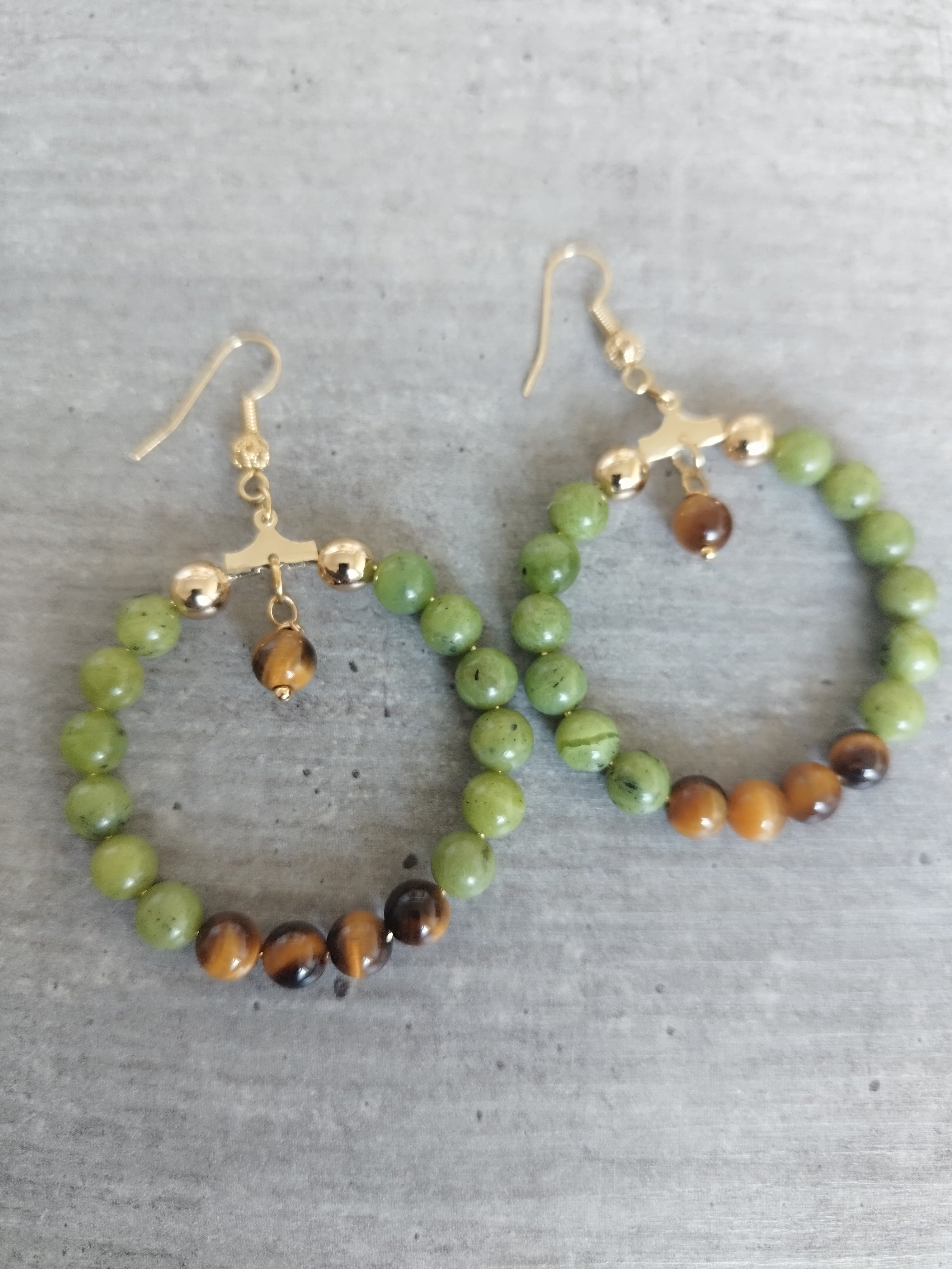 Créoles 40 mm Jade et Œil du Tigre